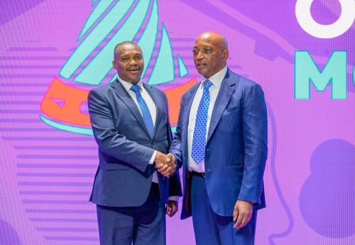 Sports Principal Secretary Elijah Mwangi with CAF President Patrice Motsepe in Morocco. PHOTO/Ministry of Sports