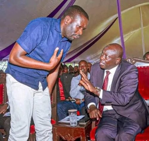 Nairobi senator Edwin Sifuna with Rigathi Gachagu during the burial of James gakuya's mother. PHOTO//https://web.facebook.com/DPGachagua