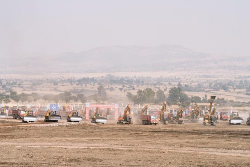 Massive fleet of excavators, bulldozers and trucks ready for action at the Bishoftu International Airport groundbreaking site. PHOTO/@AbiyAhmedAli/X