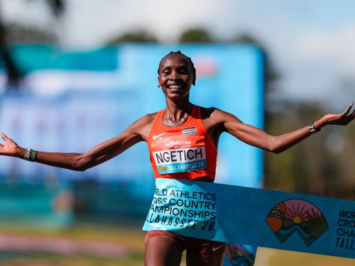 Agnes Ngetich celebrates victory after crossing the finish line at the World Cross Country Championships in Tallahassee. PHOTO/@WorldAthletics /X