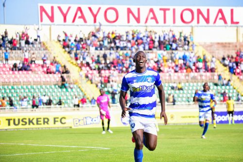 Samuel Ssenyonjo celebrates a goal during AFC Leopards’ 4-0 win over Tusker at Nyayo Stadium. PHOTO/@AFCLeopards/X