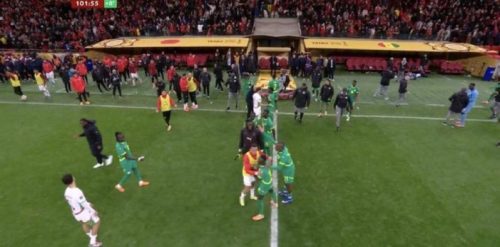 Senegalese players walk off the field after Morocco was awarded a penalty during the AFCON finals on January 18, 2026. PHOTO/@Obinnahenry26/X