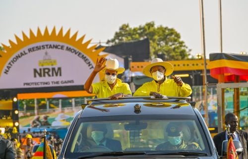 President Yoweri Museveni and his wife, Janet Museveni, greet supporters during a campaign rally. PHOTO/@KagutaMuseveni/X