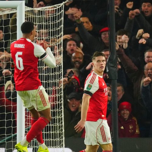 Viktor Gyokeres and Gabriel Magalhães celebrate after scoring for Arsenal against Chelsea in the Carabao Cup. PHOTO/@Carabao_Cup/X