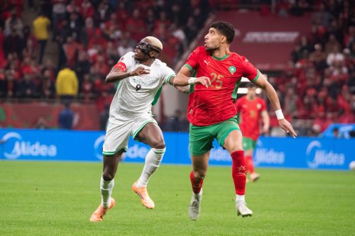 Victor Osimhen and Adam Masina during the Afcon 2025 semi-final between Nigeria and Morocco. PHOTO/@NGSuperEagles/X