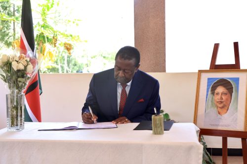 Prime Cabinet Secretary Musalia Mudavadi during the signing of the condolence book at the Bangladesh High Commission in Nairobi on Tuesday, January 6, 2026. PHOTO/@MusaliaMudavadi/X