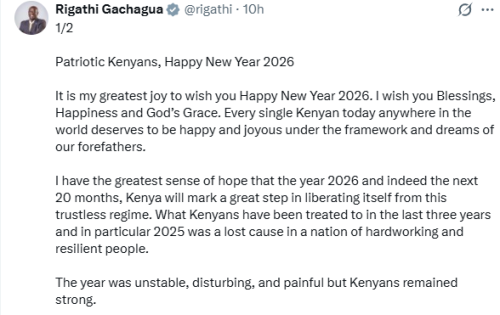 Rigathi Gachagua's statement on the highlights of 2025. PHOTO/Screengrab by People Daily Digital/@rigathi/X