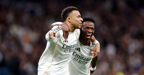 Real Madrid players Kylian Mbappé and Vinícius Júnior celebrate after scoring a goal. PHOTO/@realmadrid/X