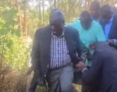 Former Deputy President and DCP leader Rigathi Gachagua being evacuated through a fence after chaos rocked a church service in Othaya. PHOTO/Screengrab by People Daily Digital