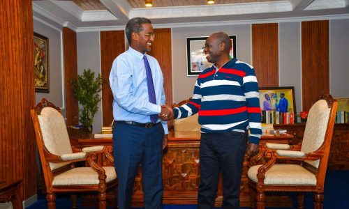 DCP party leader Rigathi Gachagua shakes hands with former NGOs board boss Fazul Mahamed at his Nairobi office on Wednesday, January 21, 2026. PHOTO/@rigathi/X