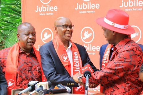 Newly appointed Jubilee Party Secretary General shaking hands with the Second Deputy Party leader Jeremiah Kioni. PHOTO/facebook.com/TheJubileeParty