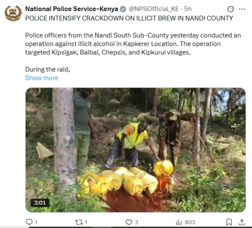 The National Police Service officers from the Nandi South Sub-County conducted an operation against illicit alcohol in Kapkerer Location. PHOTO/Screengrab by People Daily Digital/@NPSofficial_KE/X