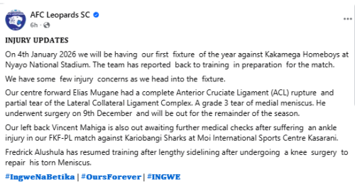 Facebook post by AFC Leopards. PHOTO/Screengrab by People Daily Digital