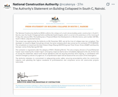 X post by the National Construction Authority. PHOTO/Screengrab by People Daily Digital