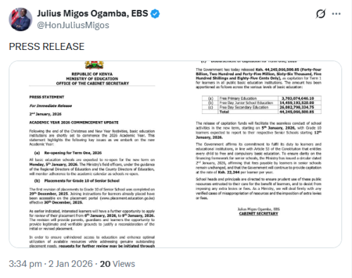 X post by Julius Migos Ogamba. PHOTO/Screengrab by People Daily Digital