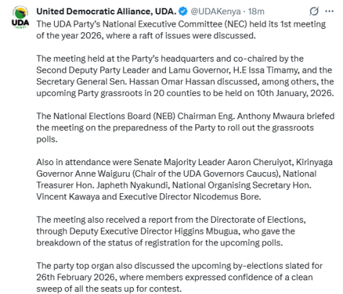 X post by United Democratic Alliance. PHOTO/Screengrab by People Daily Digital