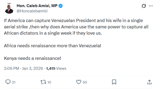 X post by Caleb Amisi. PHOTO/Screengrab by People Daily Digital