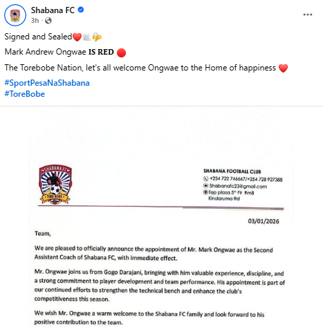 Facebook post by Shabana FC. PHOTO/Screengrab by People Daily Digital