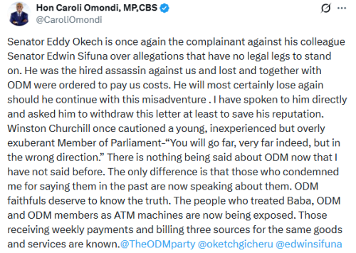 X post by Caroli Omondi. PHOTO/Screengrab by People Daily Digital