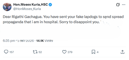 X post by Moses Kuria. PHOTO/Screengrab by People Daily Digital