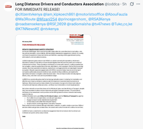 X post by Long Distance Drivers and Conductors Association. PHOTO/Screengrab by People Daily Digital