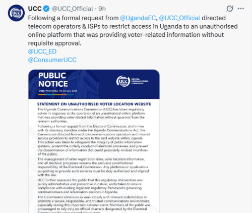 X post by Uganda Communications Commission. PHOTO/Screengrab by People Daily Digital