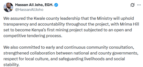 X post by Hassan Joho. PHOTO/Screengrab by People Daily Digital