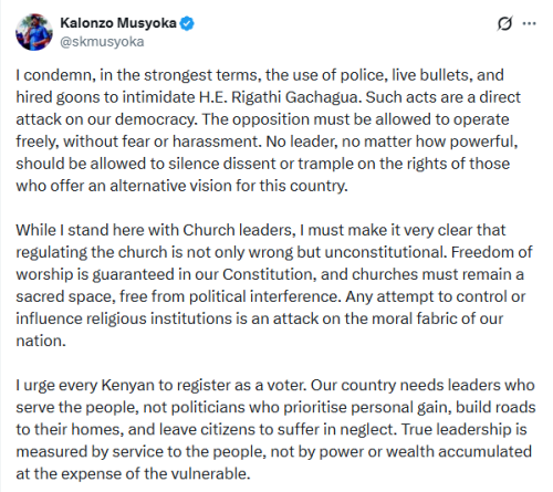 X post by Kalonzo Musyoka. PHOTO/Screengrab by People Daily Digital