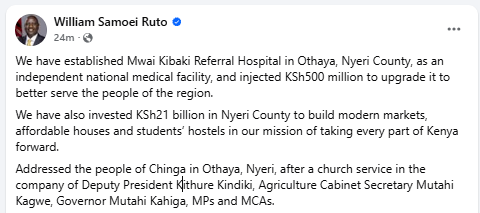 Facebook post by William Ruto. PHOTO/Screengrab by People Daily Digital