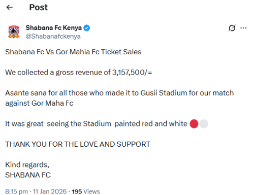 X post by Shabana FC. PHOTO/Screengrab by People Daily Digital