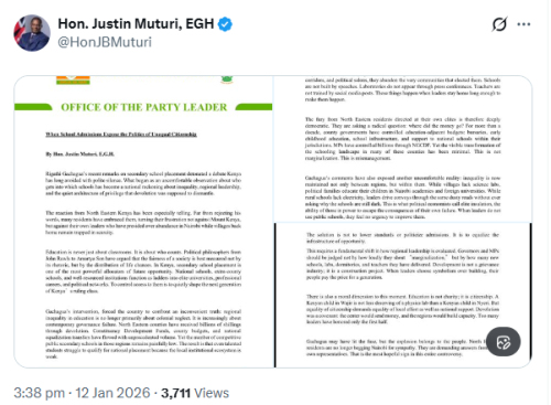 X post by Justin Muturi. PHOTO/Screengrab by People Daily Digital