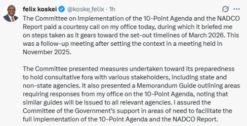 X post by Felix Koskei. PHOTO/Screengrab by People Daily Digital