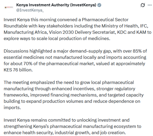 X post by the Kenya Investment Authority. PHOTO/Screengrab by People Daily Digital