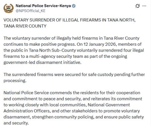 X post by the National Police Service. PHOTO/Screengrab by People Daily Digital