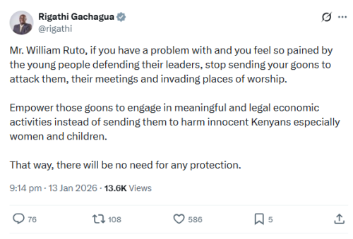 X post by Rigathi Gachagua. PHOTO/Screengrab by People Daily Digital