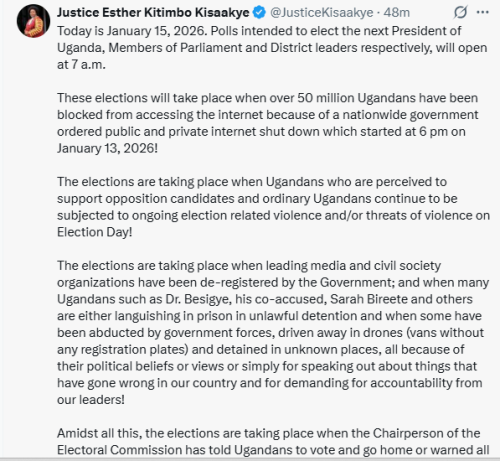 X post by Justice Esther Kitimbo Kisaakye. PHOTO/Screengrab by People Daily Digital