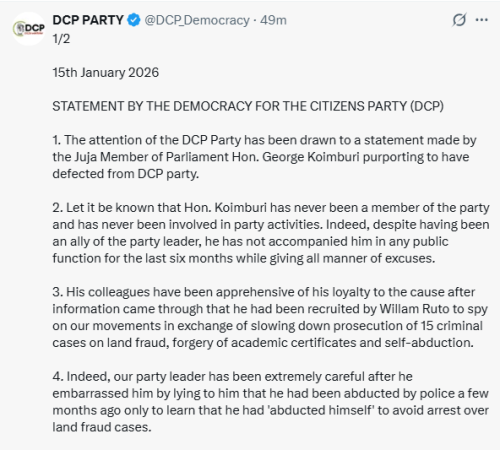 X post by DCP Party. PHOTO/Screengrab by People Daily Digital