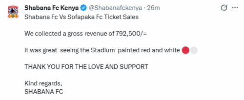 X post by Shabana FC. PHOTO/Screengrab by People Daily Digital