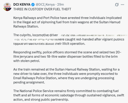 X post by the DCI. PHOTO/Screengrab by People Daily Digital