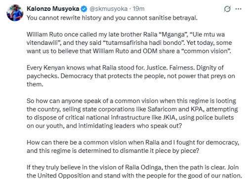 X post by Kalonzo Musyoka. PHOTO/Screengrab by People Daily Digital