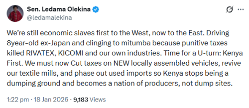 X post by Ole Kina. PHOTO/Screengrab by People Daily Digital