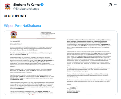 X post by Shabana FC. PHOTO/Screengrab by People Daily Digital
