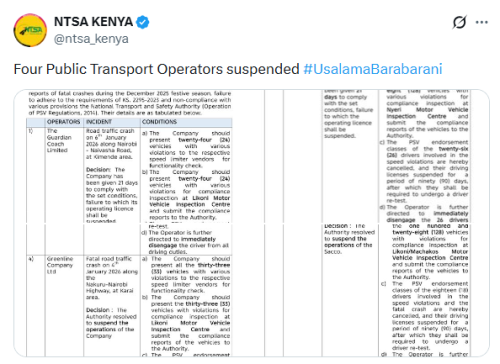 X post by NTSA. PHOTO/Screengrab by People Daily Digital