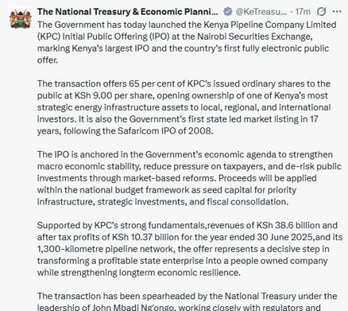 X post by the National Treasury. PHOTO/Screengrab by People Daily Digital