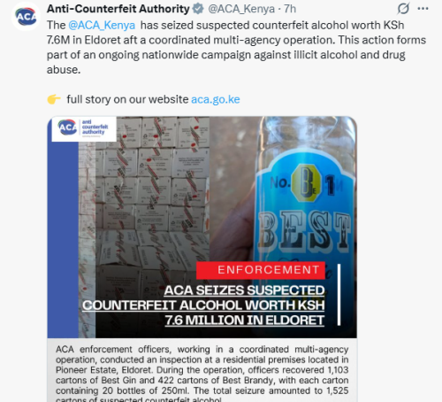 X post by Anti-Counterfeit Authority. PHOTO/Screengrab by People Daily Digital