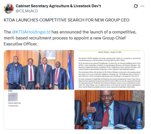 X post by Cabinet Secretary for Agriculture and Livestock Development . PHOTO/Screengrab by People Daily Digital