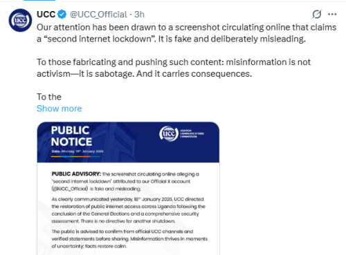 X post by Uganda Communications Commission. PHOTO/Screengrab by People Daily Digital