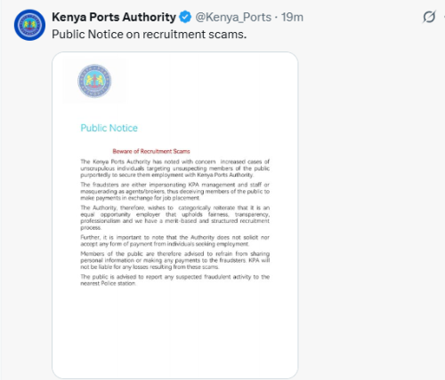 X post by Kenya Ports Authority. PHOTO/Screengrab by People Daily Digital