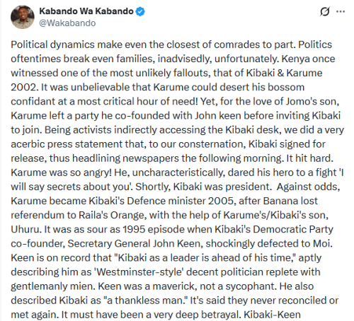 Part of the X post by Kabando wa Kabando. PHOTO/Screengrab by People Daily Digital