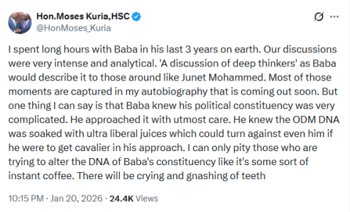 X post by Moses Kuria. PHOTO/Screengrab by People Daily Digital